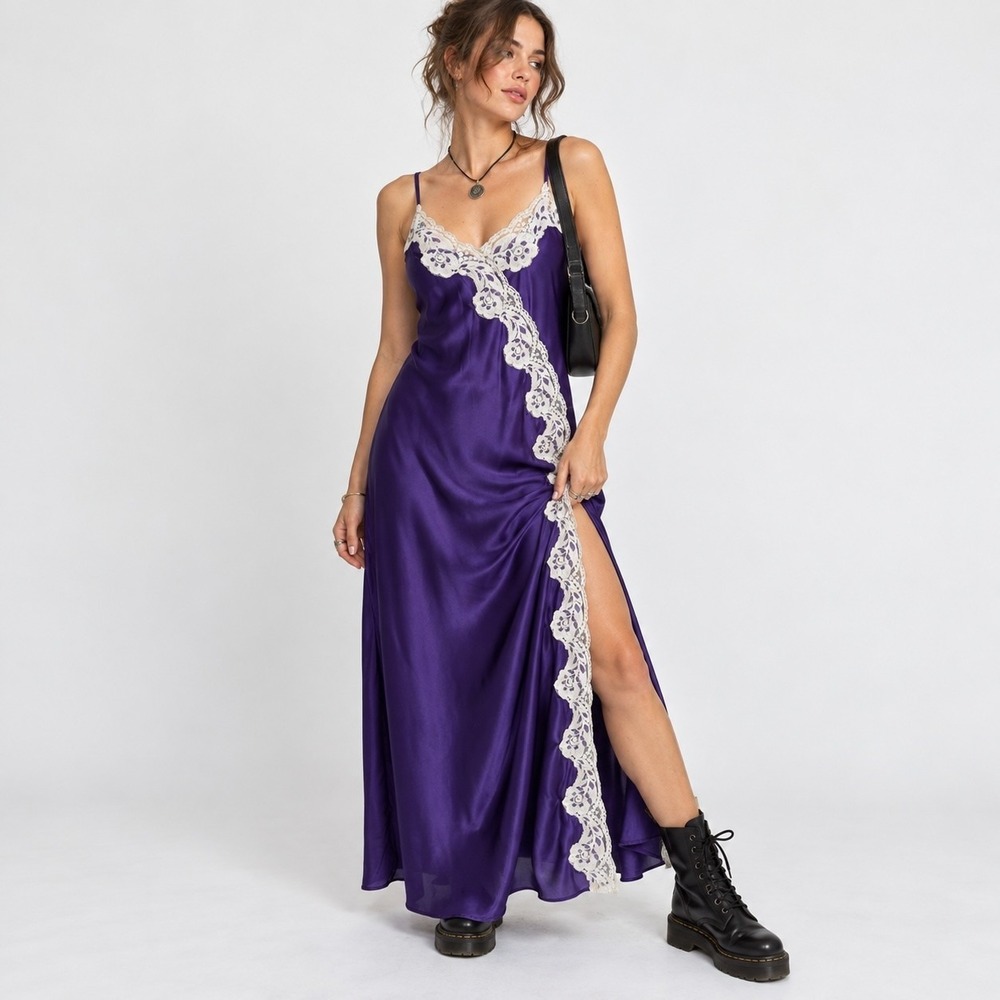 Vintage Purple Lace Slip Dress Y2K Grunge Fairy Lingeriecore Maxi Satin Gown